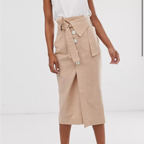 ASOS DESIGN casual button front column midi skirt with tie - Picture 4 of 7